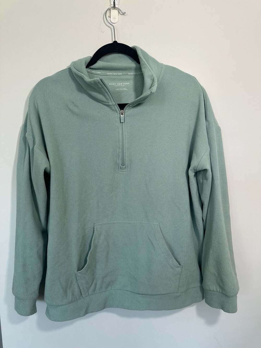 Marc New York Quarter Zip Pullover Sweater Size L Green Ribbed Pocket